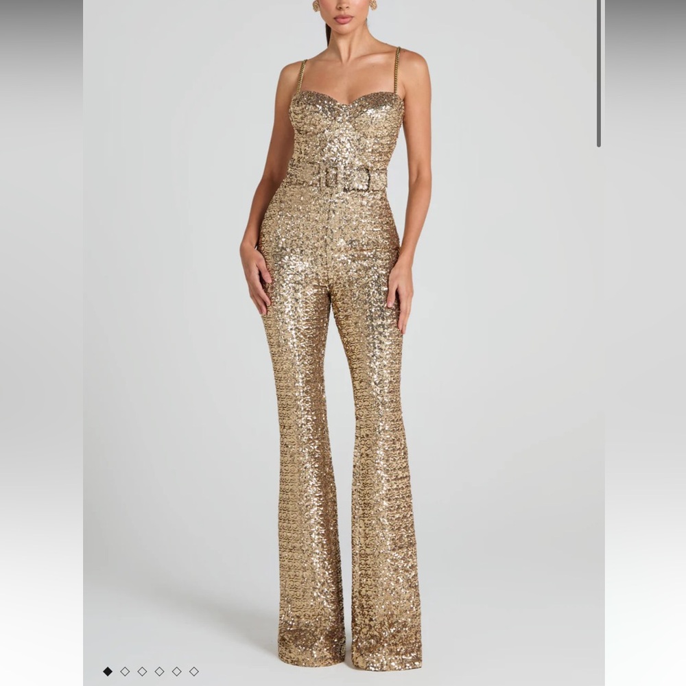 new Nadine Merabi Lucinda gold sequin bustier flare leg jumpsuit